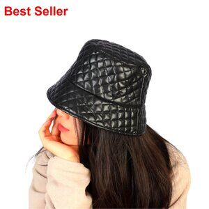 Quilted PU Leather Bucket Hat, Winter Fisherman Cap, Foldable Hearwear